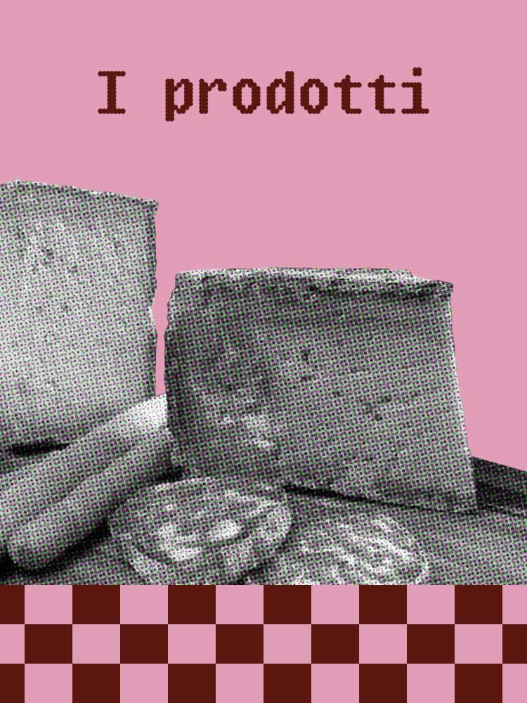 Sfondo rosa con testo "I prodotti" in alto. Sotto, immagini in mezzatinta di forme di formaggio o pane e fette. Bordo inferiore a scacchiera rosa e marrone.