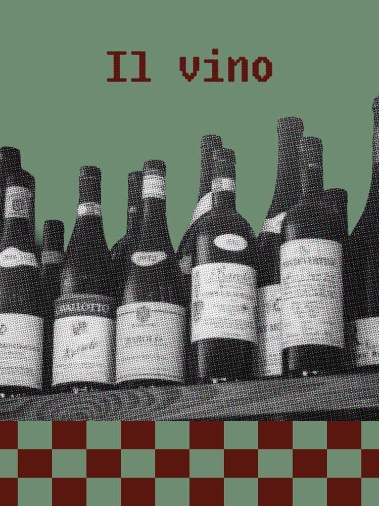 Bottiglie di vino in bianco e nero con effetto mezzatinta su uno scaffale, con testo "IL vino" in rosso pixelato su sfondo verde e motivo a scacchiera.